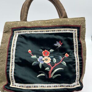Asian Embroidered Silky Feel Floral Small Tote Handbag with zippers